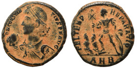 Constantius II, 337-361. Maiorina (bronze, 4.09 g, 20 mm), Antioch. D N CONSTANTIVS P F AVG Pearl-diademed, draped and cuirassed bust of Constantius t...