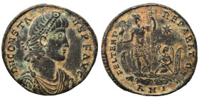 Constans, 337-350. Centenionalis (bronze, 5.11 g, 22 mm), Antioch. Pearl-diademed, draped, and cuirassed bust right. Rev. Emperor standing left on gal...