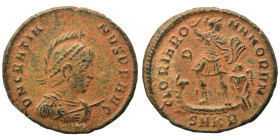 Gratian, 367-383. Follis (bronze, 5.26 g, 23 mm), Cyzicus. Pearl-diademed, helmeted, draped, and cuirassed bust right, holding spear and shield. Rev. ...