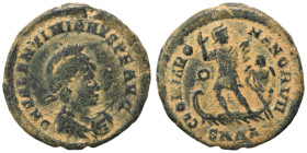 Valentinian II, 375-392. Ae (bronze, 4.83 g, 23 mm), Nicomedia. D N VALENTINIANVS P F AVG Helmeted, pearl-diademed, draped and cuirassed bust right, r...