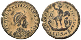 Valentinian II, 375-392. Ae (bronze, 5.11 g, 22 mm), Thessalonica. Pearl-diademed, helmeted, draped, and cuirassed bust right, holding spear pointed f...