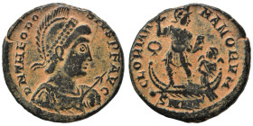 Theodosius I, 379-395. Centenionalis (bronze, 4.96 g, 22 mm), Cyzicus. Pearl-diademed, helmeted, draped, and cuirassed bust right, holding spear and s...