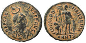 Arcadius, 383-408. Centenionalis (bronze, 3.80 g, 22 mm), Antioch. D N ARCADIVS P F AVG Diademed, draped and cuirassed bust of Arcadius right, holding...