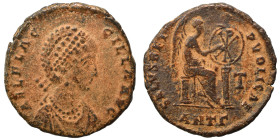 Aelia Flacilla, 383-386 Follis (bronze, 4.48 g, 21 mm), Antioch. AEL FLAC-CILLA AVG Diademed and draped bust right. Rev. SALVS REI PVBLICAE Victory se...
