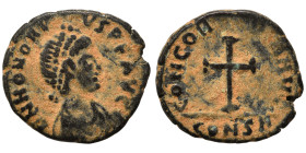 Honorius, 393-423. Nummus (bronze, 0.69 g, 11 mm), Constantinople. D N HONOR-IVS P F AVG Pearl-diademed, draped and cuirassed bust of Honorius to righ...