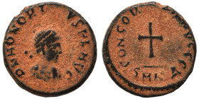 Honorius, 393-423. Nummus (bronze, 0.84 g, 11 mm), Nicomedia. D N HONORIVS P F AVG Pearl-diademed, draped, cuirassed bust right. Rev. CONCORDIA AVGGG ...