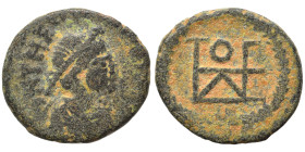 Theodosius II, 402-450. Nummus (bronze, 1.28 g, 13 mm), Constantinople. D N THEODOSIVS P F AVG Pearl-diademed and draped bust of Theodosius II to righ...