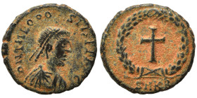 Theodosius II, 402-450. Nummus (bronze, 1.43 g, 13 mm), Cyzicus. D N THEODOSIVS P F AVG Pearl-diademed, draped and cuirassed bust right. Rev. Cross wi...