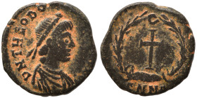 Theodosius II, 402-450. Nummus (bronze, 0.87 g, 11 mm), Nicomedia. D N THEODOSIVS P F AVG Pearl-diademed, draped and cuirassed bust right. Rev. Cross ...