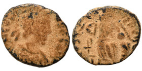 Theodosius II, 402-450. Nummus (bronze, 1.22 g, 13 mm). [D N] THEO[DOSIVS P F AVG] Pearl-diademed, draped and cuirassed bust right. Rev. CON[COR-DIA A...