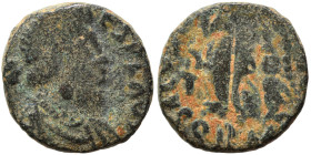 Johannes, usurper, 423-425. Ae (bronze, 1.11 g, 10 mm), Rome. Pearl-diademed, draped and cuirassed bust right. Rev. SALVS REI PVBLICE Victory advancin...