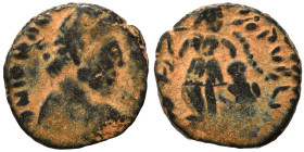 Johannes, usurper, 423-425. Ae (bronze, 0.96 g, 11 mm), Rome. D N IOHAN[…]Pearl-diademed, draped and cuirassed bust right. Rev. SALVS REI PVBLICE Vict...