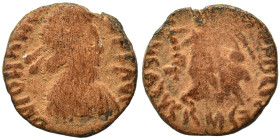 Johannes, usurper, 423-425. Ae (bronze, 1.07 g, 11 mm), Rome. D N IOHAN[…]Pearl-diademed, draped and cuirassed bust right. Rev. SALVS REI PVBLICE Vict...