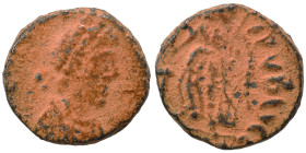 Migration period. Uncertain, circa 5th century. Ae (bronze, 1.15 g, 11 mm). Pearl-diademed, draped and cuirassed bust right. Rev. Victory advancing le...