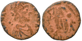 Migration period. Uncertain, circa 5th century. Ae (bronze, 0.85 g, 11 mm). Pearl-diademed, draped and cuirassed bust right. Rev. Victory advancing le...