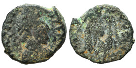Migration period. Uncertain, circa 5th century. Ae (bronze, 1.13 g, 11 mm). Pearl-diademed, draped and cuirassed bust right. Rev. Victory advancing le...