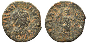 Valentinian III, 425-455. Ae (bronze, 1.06 g, 12 mm), contemporary imitation. VALENTINI[..] Pearl-diademed, draped and cuirassed bust of Valentinian I...