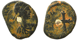 Galla Placidia, 425-435. Ae (bronze, 0.68 g, 11 mm), Rome. [D N GALLA PLA-CIDIA P F AVG] Bust diademed, draped right. Rev. SALVS R[EIPVBLICAE] Cross, ...