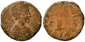 Galla Placidia, 425-435. Ae (bronze, 0.99 g, 11 mm), Rome. [D N GALLA PLA-CIDIA P F AVG] Bust diademed, draped right. Rev. [SALVS REIPVBLICAE] Cross, ...
