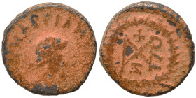 Marcian, 450-457. Nummus (bronze, 0.75 g, 9 mm). D N MARCIANVS P F AV Diademed, draped and cuirassed bust right. Rev. Monogram in wreath. Repatianted,...