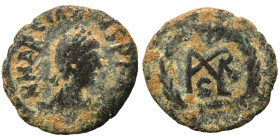 Marcian, 450-457. Nummus (bronze, 0.76 g, 12 mm). D N MARCIANVS P F AV Diademed, draped and cuirassed bust right. Rev. Monogram in wreath. Nearly very...