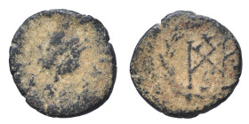 Marcian, 450-457. Nummus (bronze, 0.84 g, 11 mm), Constantinople. D N MARCIANVS P F AV Diademed, draped and cuirassed bust right. Rev. Monogram in wre...