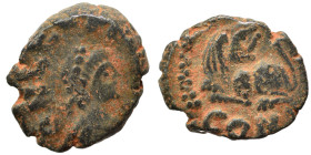 Leo I, 457-474. Nummus (bronze, 1.15 g, 12 mm), Constantinople. Pearl-diademed, draped, and cuirassed bust right. Rev. Lion, crouching left, head righ...