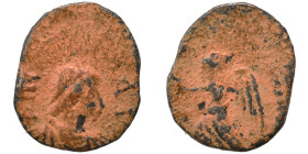 Zeno, 476-491. Ae (bronze, 0.39 g, 9 mm). Diademed, draped and cuirassed bust right. Rev Victory advancing left, holding wreath. Repatinated, fine.