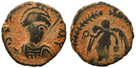 Zeno, 476-491. Ae (bronze, 1.14 g, 12 mm), uncertain mint. Pearl-diademed, helmeted and cuirassed bust facing slightly right, holding spear over shoul...
