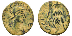 Zeno, 476-491. Nummus (bronze, 0.98 g, 13 mm), Constantinople. Helmeted, draped and cuirassed bust right. Rev. Victory advancing left, holding trophy ...