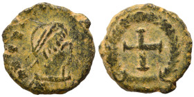 Uncertain, probably imitation of Theodosius II, 402-450. Nummus (bronze, 0.66 g, 9 mm). Diademed, draped and cuirassed bust left. Rev. Cross within wr...