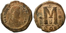 Anastasius I, 491-518. Follis (bronze, 11.48 g, 30 mm), Constantinople. D N ANASTA-SIVS P P AVG Pearl-diademed, draped and cuirassed bust of Anastasiu...