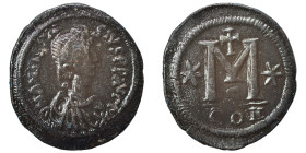 Anastasius I, 491-518. Follis (bronze, 17.77 g, 38 mm), Constantinople. D N ANASTA SIVS P P AVC Diademed, draped, and cuirassed bust right. Rev. Large...