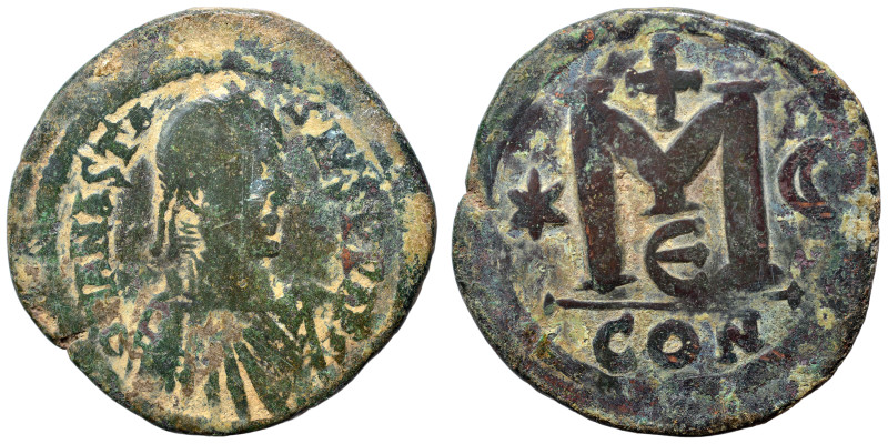 Anastasius I, 491-518. Follis (bronze, 16.01 g, 35 mm), Constantinople. Diademed...