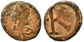 Anastasius I, 491-518. Half Follis (bronze, 1.89 g, 14 mm), Constantinople. D N ANASTASIVS P P AVG Diademed, draped and cuirassed bust right. Rev. Lar...