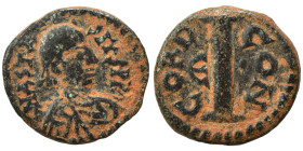 Anastasius I, 491-518. Decanummium (bronze, 2.17 g, 15 mm), Constantinople. D N ANASTASIVS P P A Diademed, draped and cuirassed bust right. Rev. CON C...