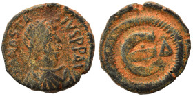 Anastasius I, 491-518. Pentanummium (bronze, 2.11 g, 14 mm). Diademed and draped bust right. Rev. Large E; two pellets, Δ to right. MIBE 39; DOC 26d; ...