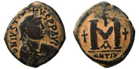 Justin I, 518-527. Follis (bronze, 16.73 g, 31 mm), Antioch. D N IVSTINVS PP AC Diademed and draped bust of Justin I to right. Rev. Large M between tw...