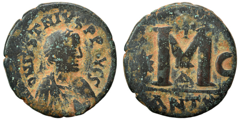 Justin I, 518-527. Follis (bronze, 15.56 g, 32 mm), Antioch. D N IVS[TI]NVS P P ...