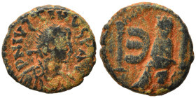 Justin I, 518-527. Pentanummium (bronze, 1.64 g, 13 mm), Theoupolis (Antioch). Diademed, draped and cuirassed bust of Justin I to right. Rev. Tyche of...