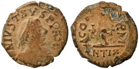 Justin I, 518-527. Decanummium (bronze, 3.88 g, 20 mm), Antioch. D N IVSTINVS P P AVG Diademed, draped and cuirassed bust of Justin I to right. Rev. A...