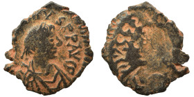 Justin I, 518-527. Brockage Decanummium (bronze, 3.65 g, 21 mm), Antioch. D N IVSTINVS P P AVG Diademed, draped and cuirassed bust of Justin I to righ...