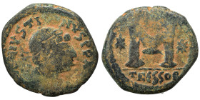 Justin I, 518-527. Follis (bronze, 14.12 g, 29 mm), Thessalonica. D N IVSTINVS [P P AVC] Diademed, draped and cuirassed bust right. Rev. Large M betwe...