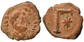 Justin I, 518-527. 3 Nummi (bronze, 0.91 g, 12 mm), Thessalonica. Diademed, draped, and cuirassed bust right. Rev. Large Γ; star to right. DOC 26; SB ...