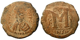Justin I, 518-527. Follis (bronze, 16.52 g, 33 mm), Cyzicus. D N IVSTINVS P P AVC Diademed and draped bust to right. Rev. Large M between K - Y; B bel...
