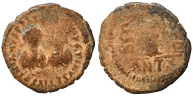 Justin I with Justinian I, 518-527. Dekanummium (bronze, 3.92 g, 20 mm), Antioch. [D N D N IVSTINVS ET IVSTINIANVS P P AVG] Diademed and crowned busts...
