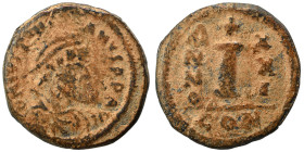 Justinian I, 527-565. Dekanummium (bronze, 3.33 g, 18 mm), Constantinople. D N IVSTINIANVS PP AV Diademed, draped and cuirassed bust right. Rev. Large...