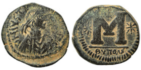 Justinian I, 527-565. Follis (bronze, 12.21 g, 27 mm), Theoupolis (Antioch). DN IVSTI[NIANVS PP AVG] Pearl diademed, draped, cuirassed bust right. Rev...