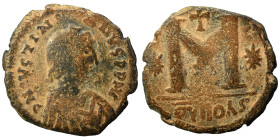 Justinian I, 527-565. Follis (bronze, 16.12 g, 30 mm), Theoupolis (Antioch). DN IVSTINIANVS PP AVG Diademed, draped and cuirassed bust right. Rev. Lar...