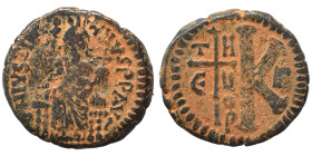 Justinian I, 527-565. Half follis (bronze, 8.99 g, 24 mm), Theoupolis (Antioch). DN VISTINIANVS PP AVG Justinian seated facing, holding long scepter a...